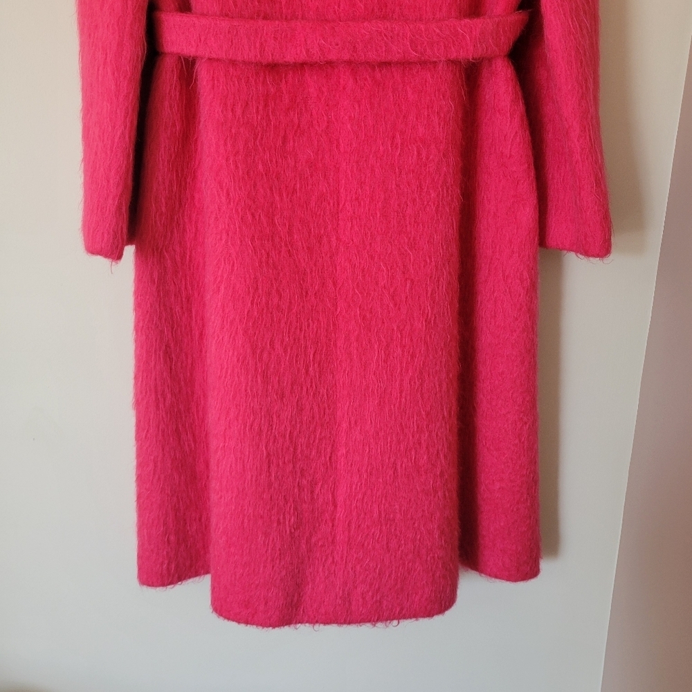 Vintage 80s Mohair Wool Women's Double Breasted Belted Fuchsia Pink Trench Coat - Picture 6 of 11